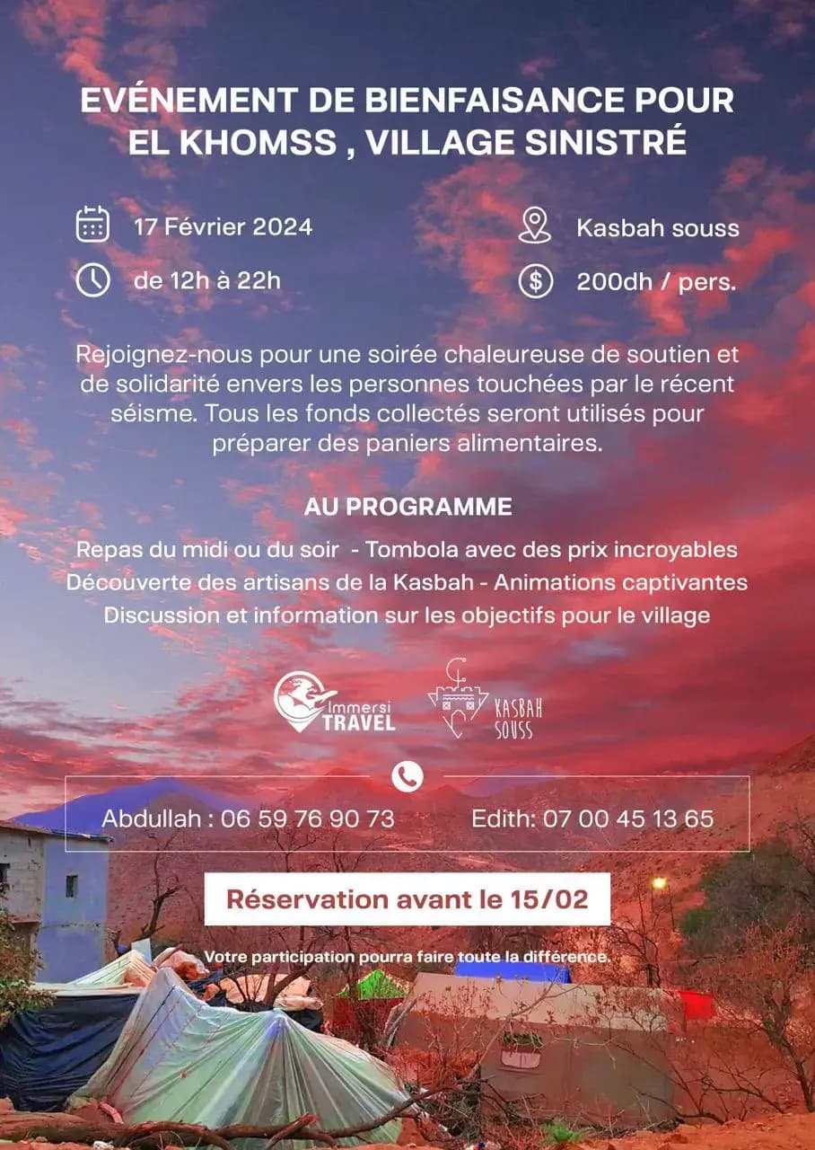 Un Élan de Solidarité pour El Khomss : Immersi Travel et la Kasbah Souss d'Agadir Unissent Leurs Forces
